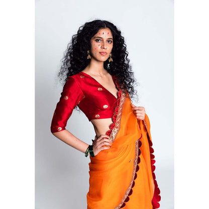 Label Earthen Women Orange Embroidered Saree with Stitched Blouse