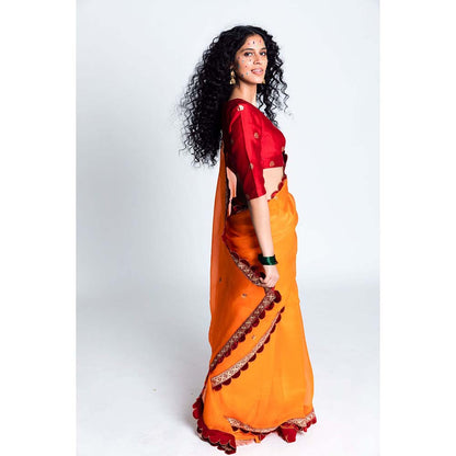 Label Earthen Women Orange Embroidered Saree with Stitched Blouse