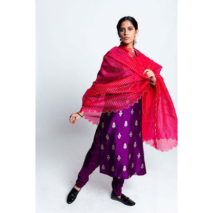 Label Earthen Women Purple Woven Kurta with Churidar & Dupatta (Set of 3)