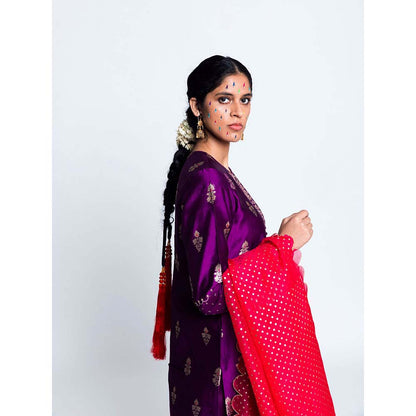 Label Earthen Women Purple Woven Kurta with Churidar & Dupatta (Set of 3)