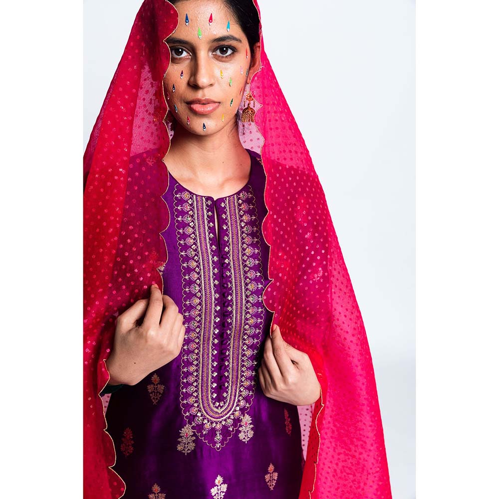 Label Earthen Women Purple Woven Kurta with Churidar & Dupatta (Set of 3)