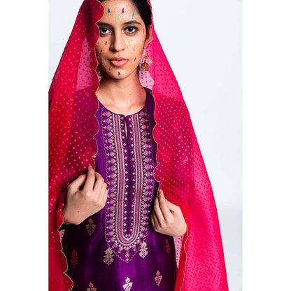 Label Earthen Women Purple Woven Kurta with Churidar & Dupatta (Set of 3)