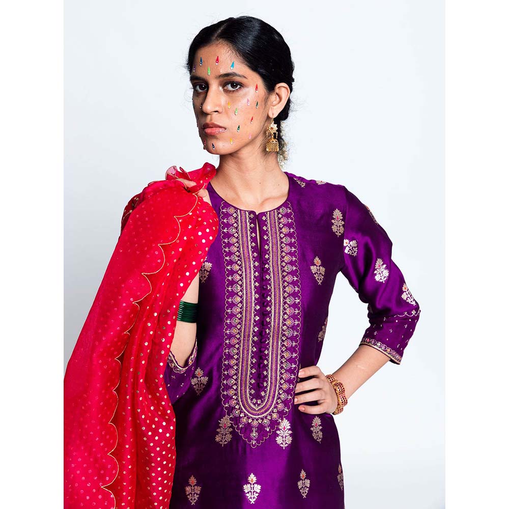 Label Earthen Women Purple Woven Kurta with Churidar & Dupatta (Set of 3)