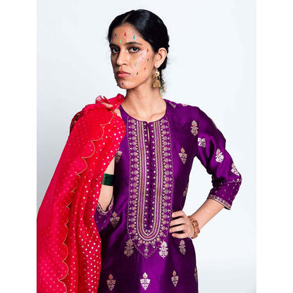 Label Earthen Women Purple Woven Kurta with Churidar & Dupatta (Set of 3)