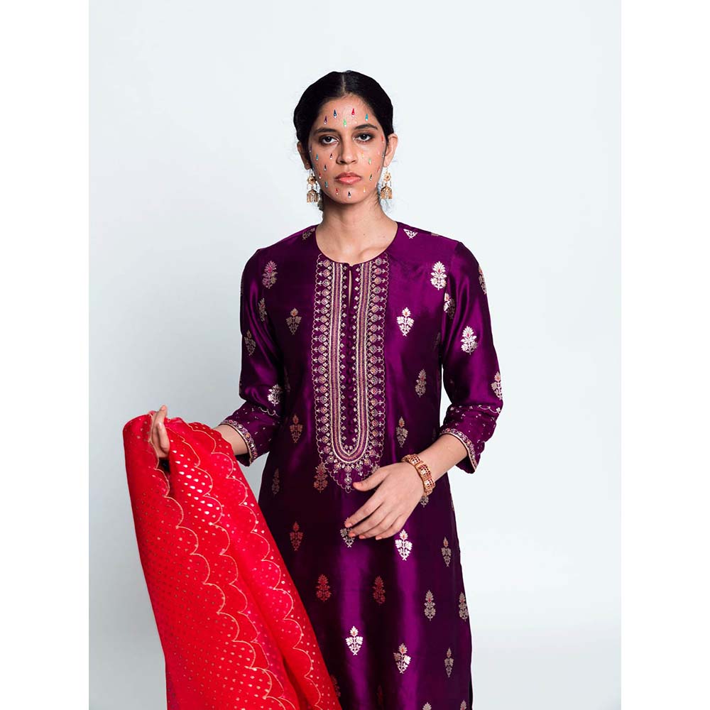 Label Earthen Women Purple Woven Kurta with Churidar & Dupatta (Set of 3)