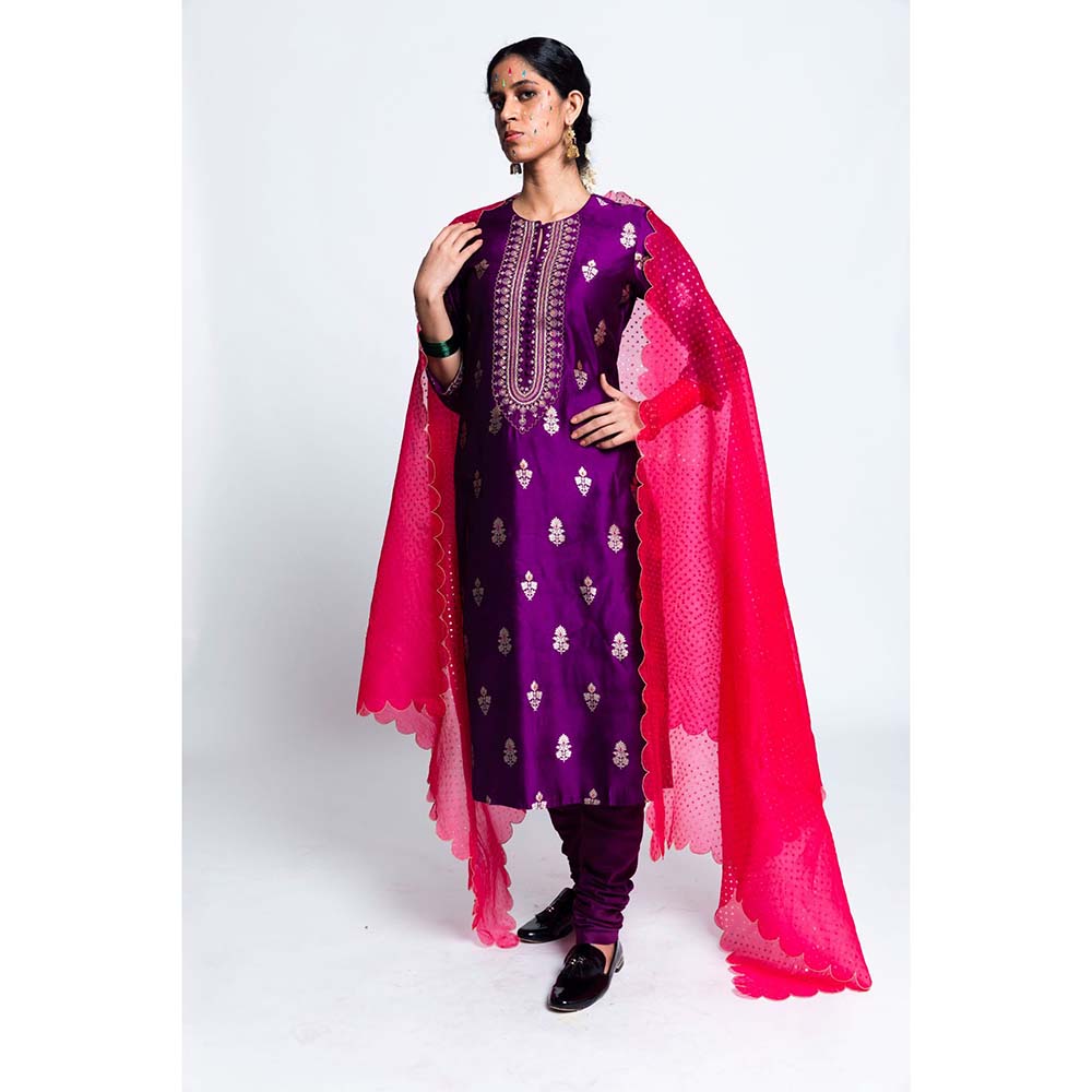 Label Earthen Women Purple Woven Kurta with Churidar & Dupatta (Set of 3)