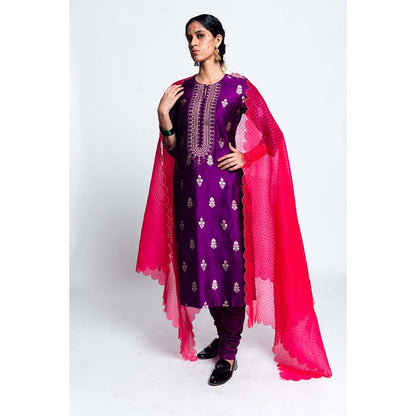 Label Earthen Women Purple Woven Kurta with Churidar & Dupatta (Set of 3)