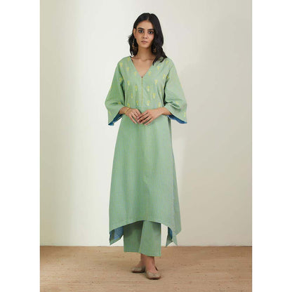 Label Earthen Women Green Checks Kurta with Pant (Set of 2)
