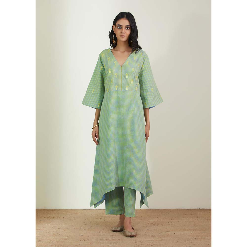 Label Earthen Women Green Checks Kurta with Pant (Set of 2)