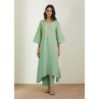 Label Earthen Women Green Checks Kurta with Pant (Set of 2)
