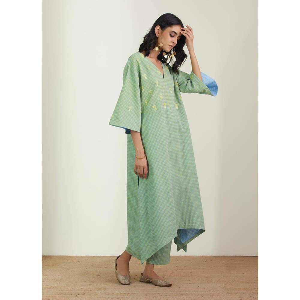 Label Earthen Women Green Checks Kurta with Pant (Set of 2)