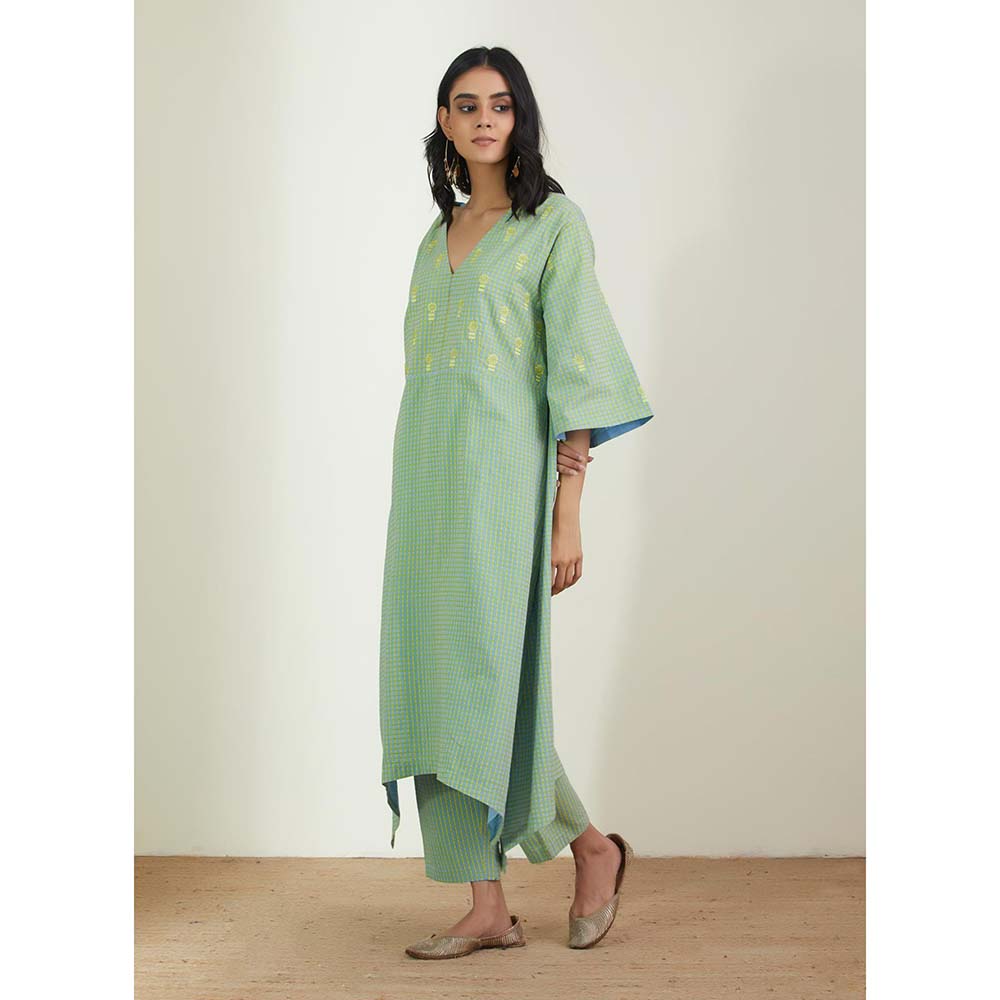 Label Earthen Women Green Checks Kurta with Pant (Set of 2)