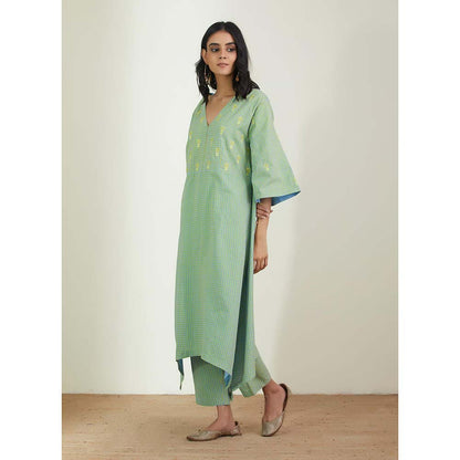 Label Earthen Women Green Checks Kurta with Pant (Set of 2)