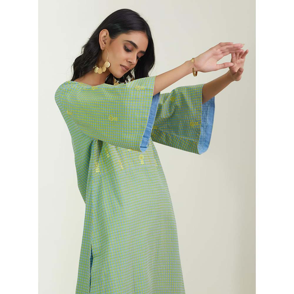 Label Earthen Women Green Checks Kurta with Pant (Set of 2)