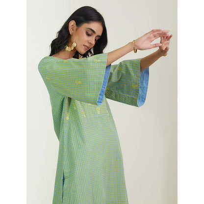Label Earthen Women Green Checks Kurta with Pant (Set of 2)