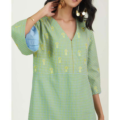 Label Earthen Women Green Checks Kurta with Pant (Set of 2)
