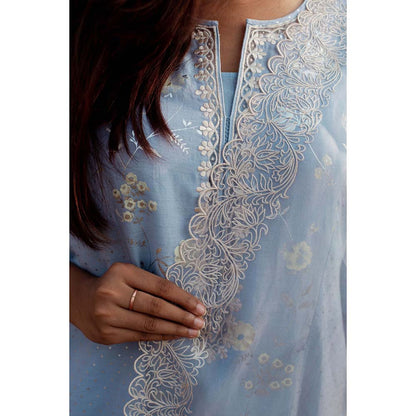 Label Earthen Women Blue Embroidered Kurta with Pant & Dupatta (Set of 3)