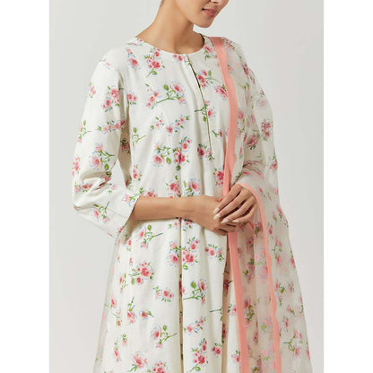 Label Earthen Women White Floral Kurta with Pant & Dupatta (Set of 3)
