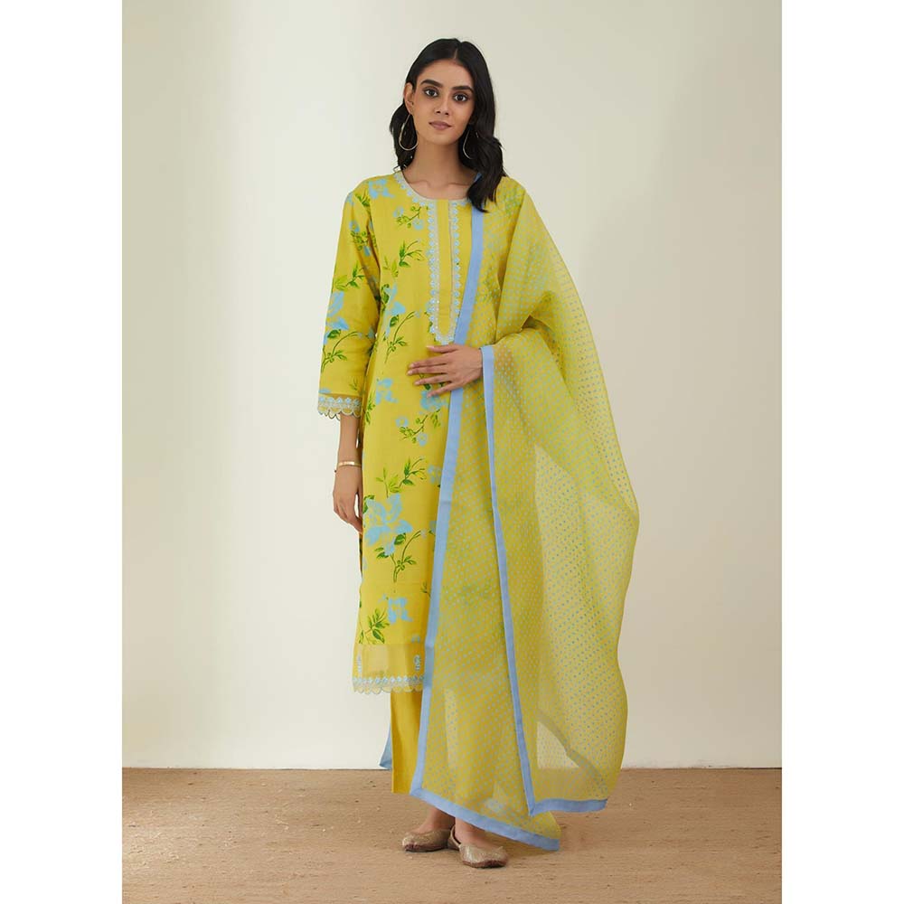 Label Earthen Women Yellow Floral Kurta with Pant & Dupatta (Set of 3)