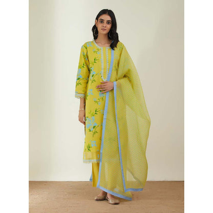 Label Earthen Women Yellow Floral Kurta with Pant & Dupatta (Set of 3)