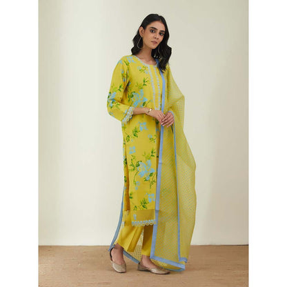 Label Earthen Women Yellow Floral Kurta with Pant & Dupatta (Set of 3)