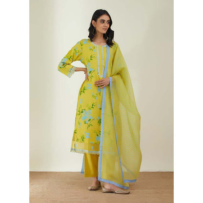 Label Earthen Women Yellow Floral Kurta with Pant & Dupatta (Set of 3)