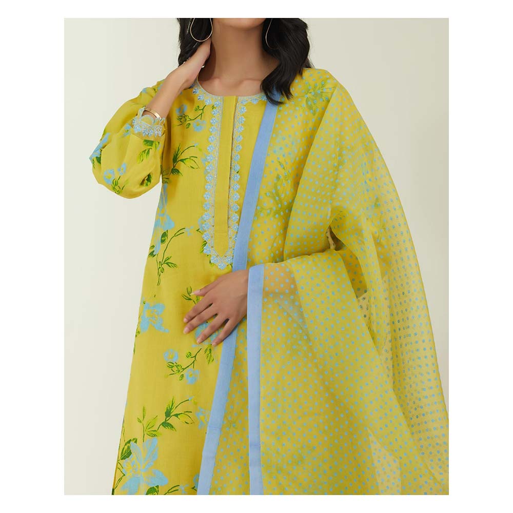 Label Earthen Women Yellow Floral Kurta with Pant & Dupatta (Set of 3)