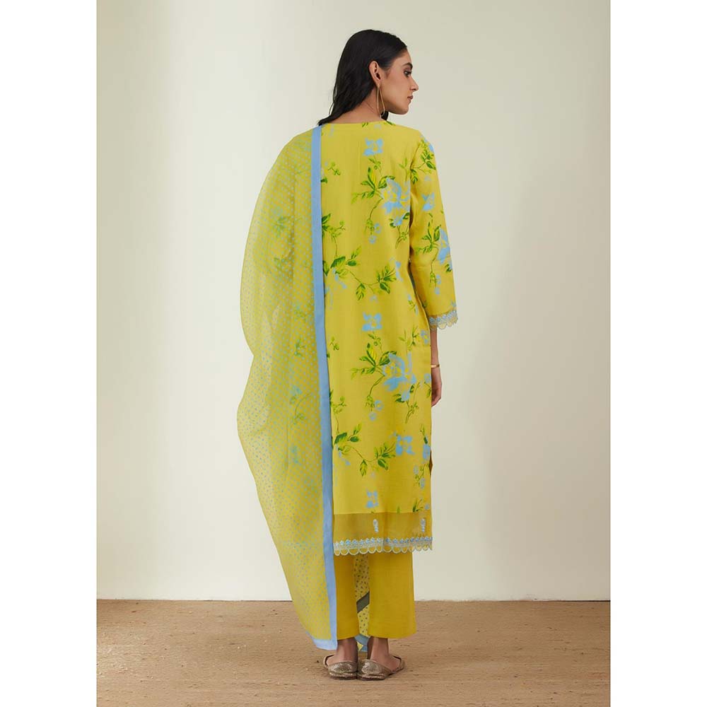 Label Earthen Women Yellow Floral Kurta with Pant & Dupatta (Set of 3)