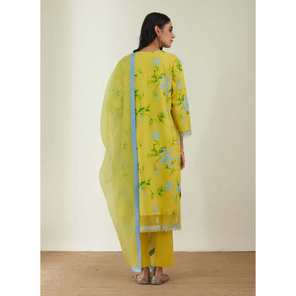 Label Earthen Women Yellow Floral Kurta with Pant & Dupatta (Set of 3)