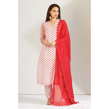 Label Earthen Women White Polka Dots Kurta with Pant & Dupatta (Set of 3)