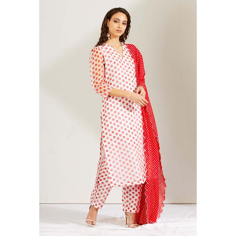 Label Earthen Women White Polka Dots Kurta with Pant & Dupatta (Set of 3)