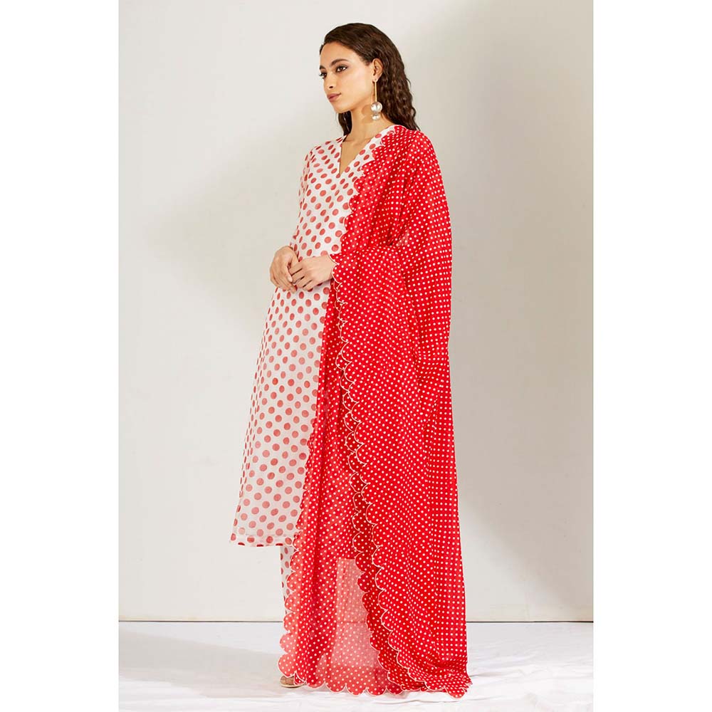 Label Earthen Women White Polka Dots Kurta with Pant & Dupatta (Set of 3)
