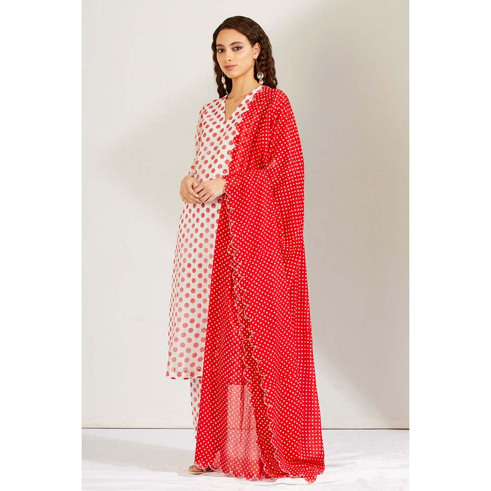 Label Earthen Women White Polka Dots Kurta with Pant & Dupatta (Set of 3)