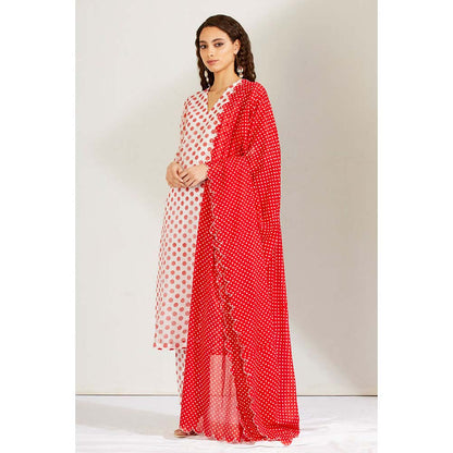 Label Earthen Women White Polka Dots Kurta with Pant & Dupatta (Set of 3)