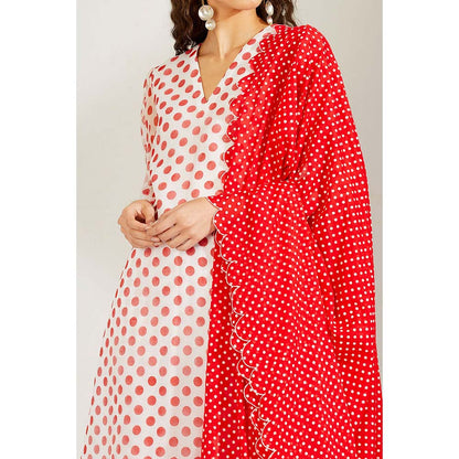 Label Earthen Women White Polka Dots Kurta with Pant & Dupatta (Set of 3)