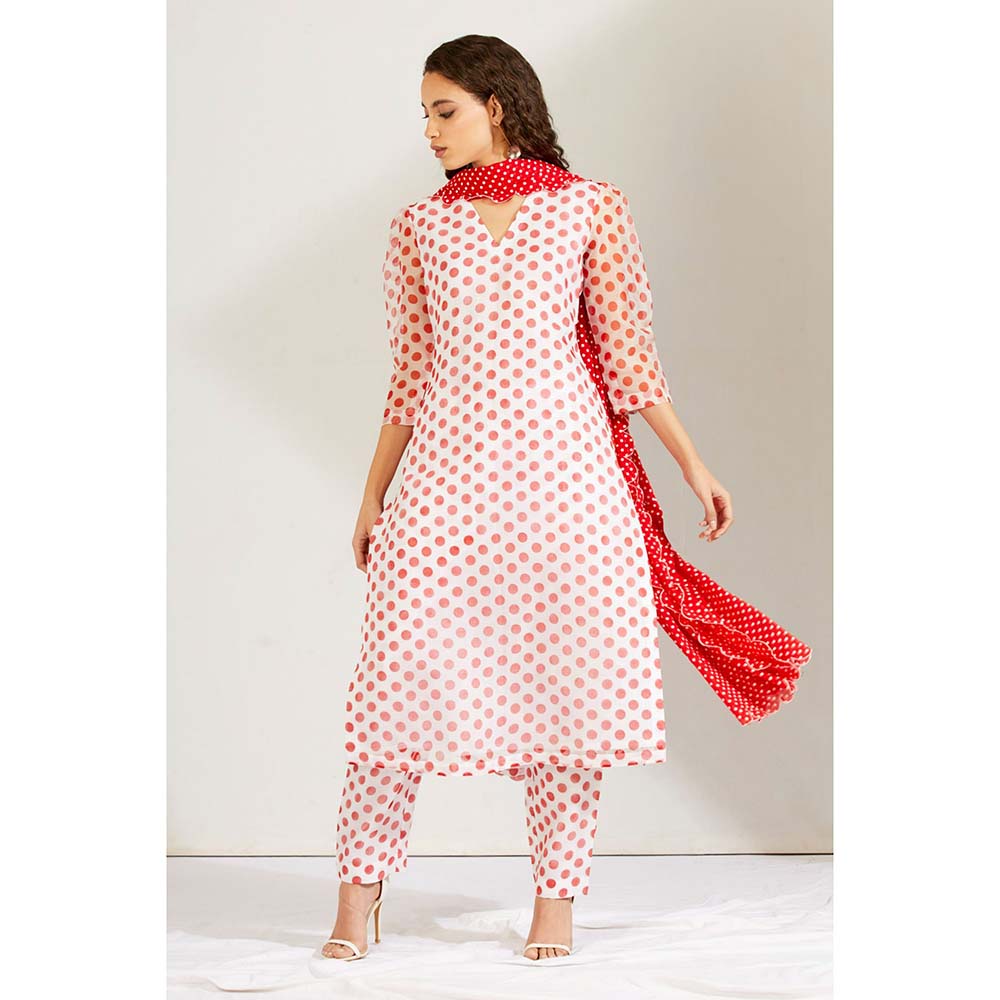 Label Earthen Women White Polka Dots Kurta with Pant & Dupatta (Set of 3)