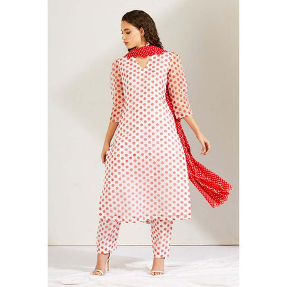 Label Earthen Women White Polka Dots Kurta with Pant & Dupatta (Set of 3)