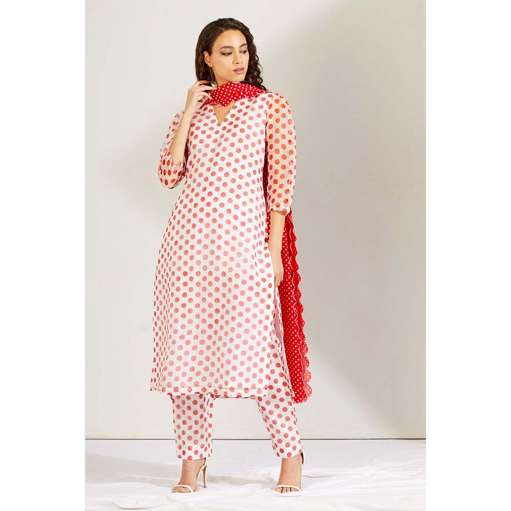Label Earthen Women White Polka Dots Kurta with Pant & Dupatta (Set of 3)