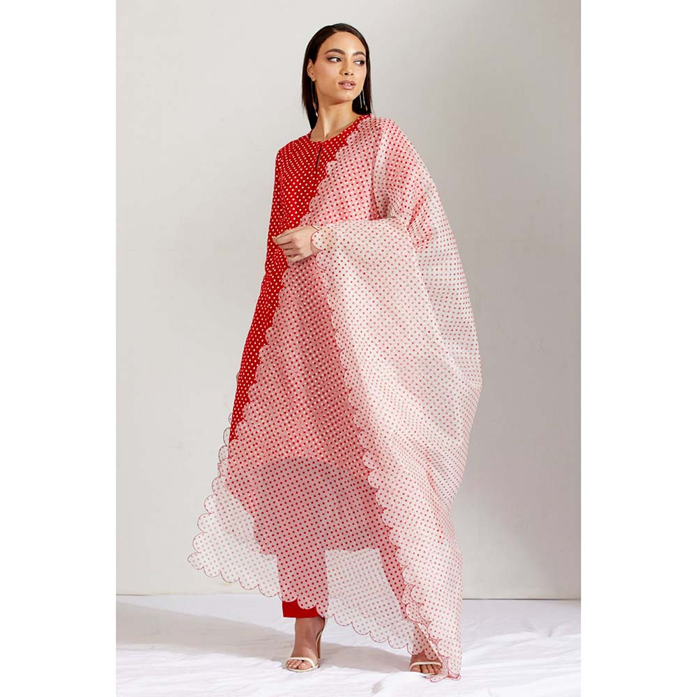 Label Earthen Women Red Polka Dots Kurta with Pant & Dupatta (Set of 3)