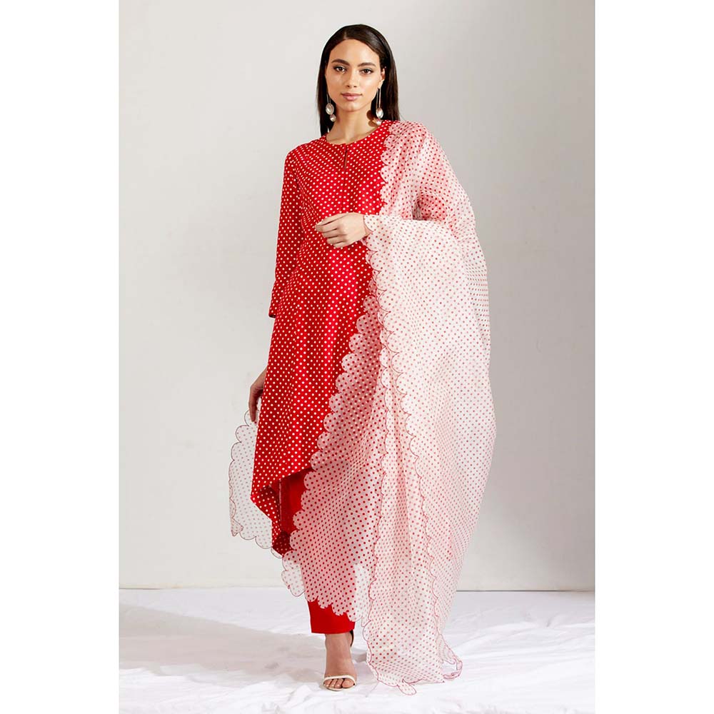 Label Earthen Women Red Polka Dots Kurta with Pant & Dupatta (Set of 3)
