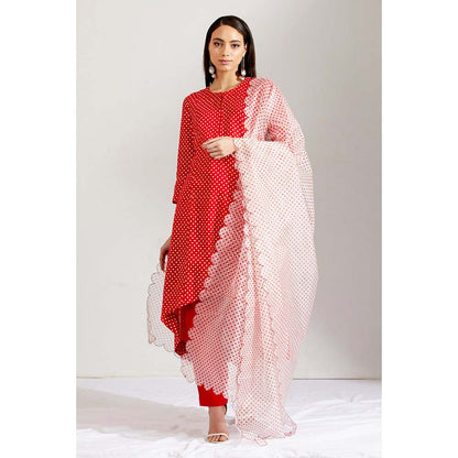 Label Earthen Women Red Polka Dots Kurta with Pant & Dupatta (Set of 3)