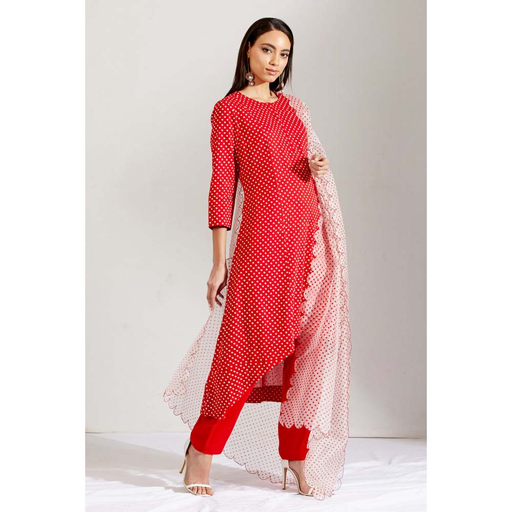 Label Earthen Women Red Polka Dots Kurta with Pant & Dupatta (Set of 3)