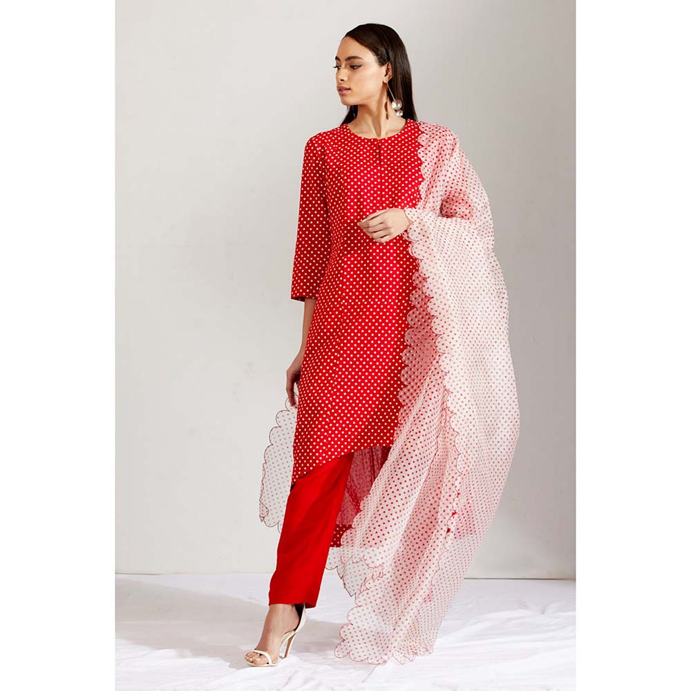 Label Earthen Women Red Polka Dots Kurta with Pant & Dupatta (Set of 3)