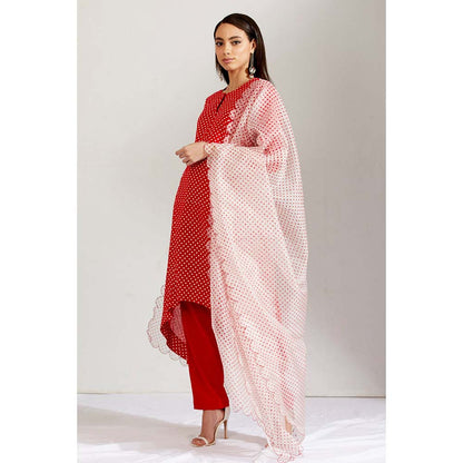 Label Earthen Women Red Polka Dots Kurta with Pant & Dupatta (Set of 3)