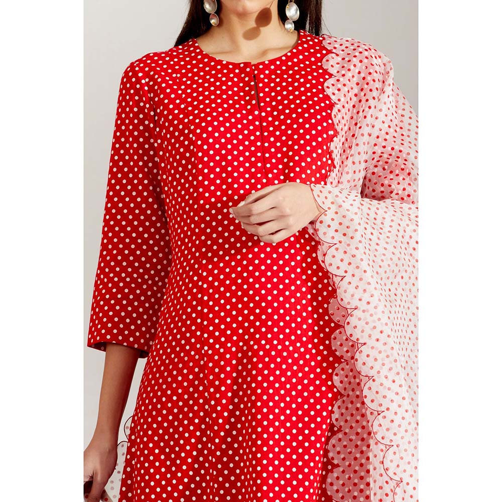 Label Earthen Women Red Polka Dots Kurta with Pant & Dupatta (Set of 3)
