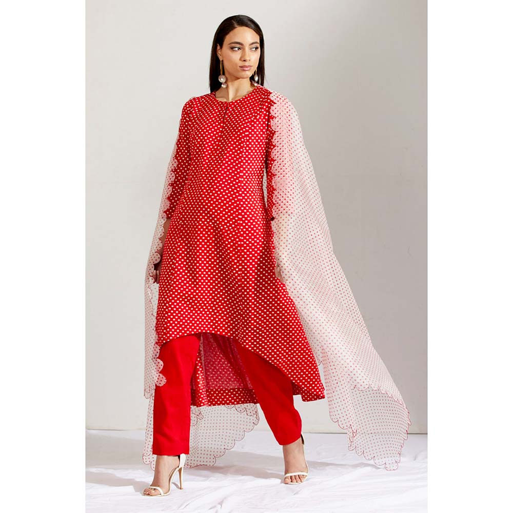 Label Earthen Women Red Polka Dots Kurta with Pant & Dupatta (Set of 3)