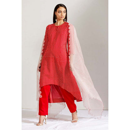 Label Earthen Women Red Polka Dots Kurta with Pant & Dupatta (Set of 3)