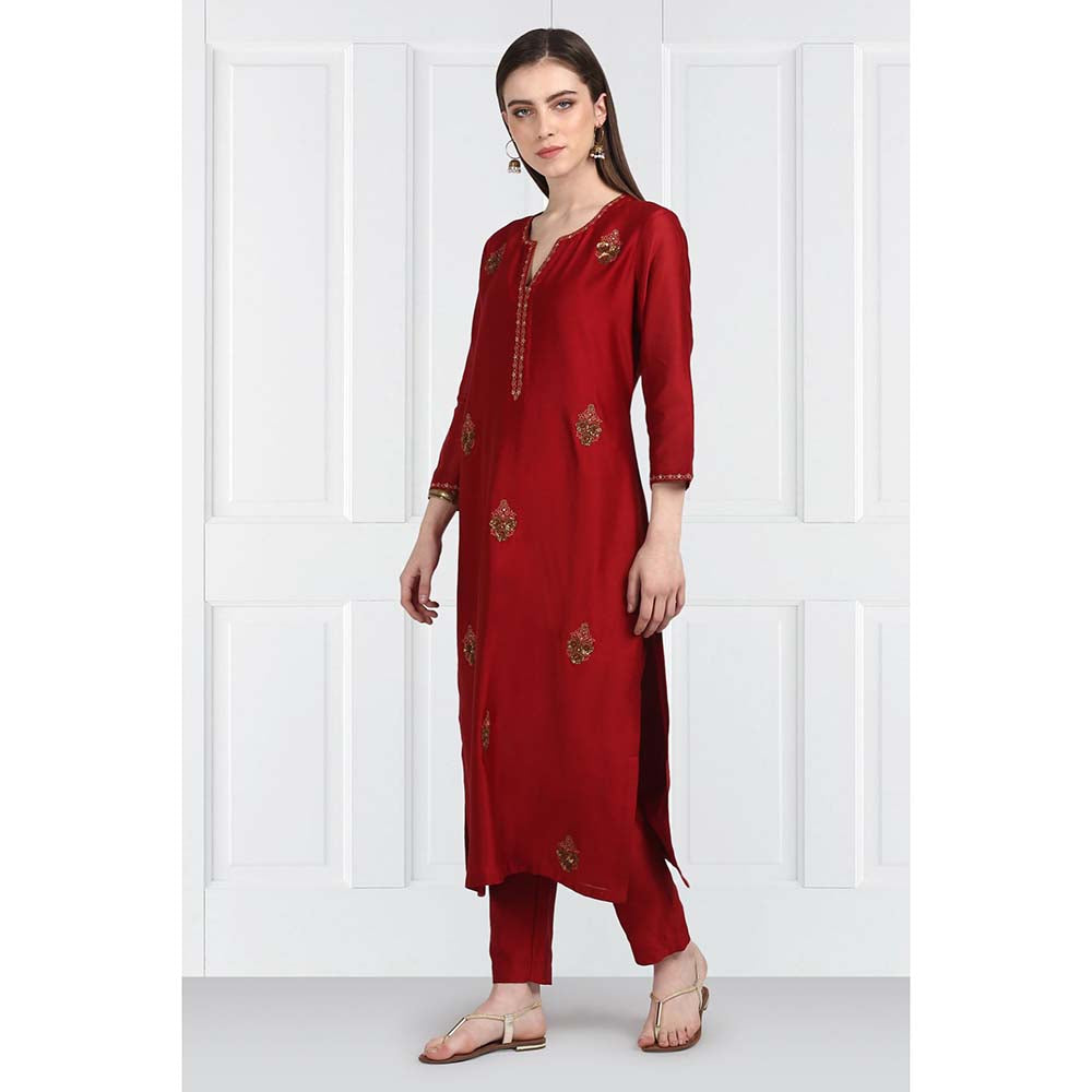 Label Earthen Women Maroon Embroidered Kurta with Pant & Dupatta (Set of 3)
