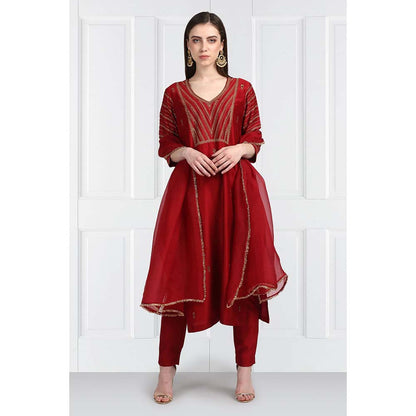Label Earthen Women Maroon Embroidered Kurta with Pant & Dupatta (Set of 3)