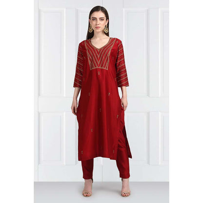 Label Earthen Women Maroon Embroidered Kurta with Pant & Dupatta (Set of 3)
